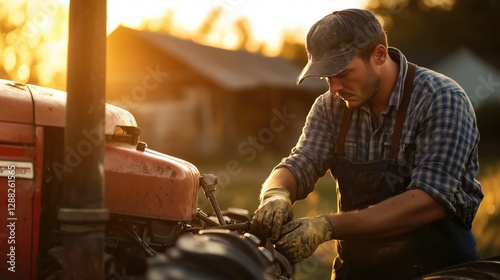 Caucasian male farmer repairing tractor at sunset in rural setting