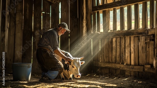 Elderly caucasian male farmer caring for calf in sunlit barn
