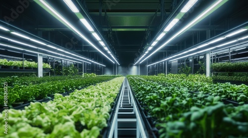 Modern indoor vertical farm with lush green lettuce under led lights