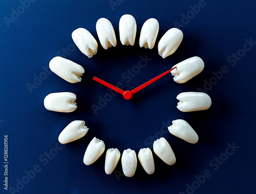 A clock made out of teeth on a blue background