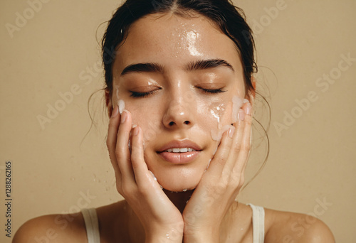 young woman washing face with water, skincare routine, closeup portrait