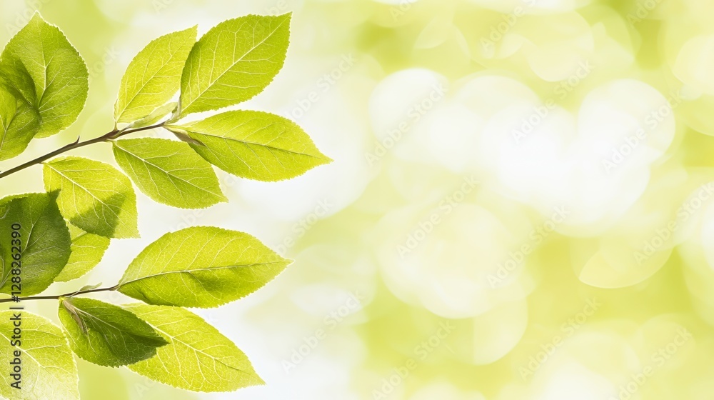 Vibrant Green Leaves on Branch Soft Light Background Vibrant Green Leaves on Branch Soft Light Background