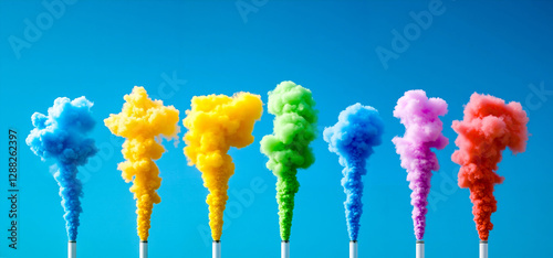 A row of colorful smoke bombs in the sky