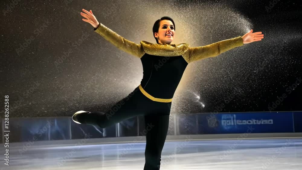 A figure skater successfully lands a triple axel during a dazzling performance at a winter sports event on a well-lit rink, showcasing skill and grace with brilliant costume details