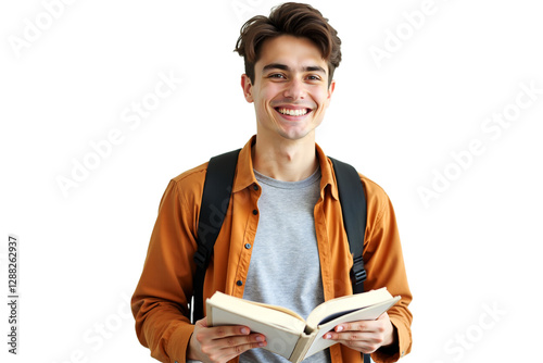 Smiling college student holding book isolated on transparent background. Cheerful portrait for education, presentations, and website graphics. Back to school theme.