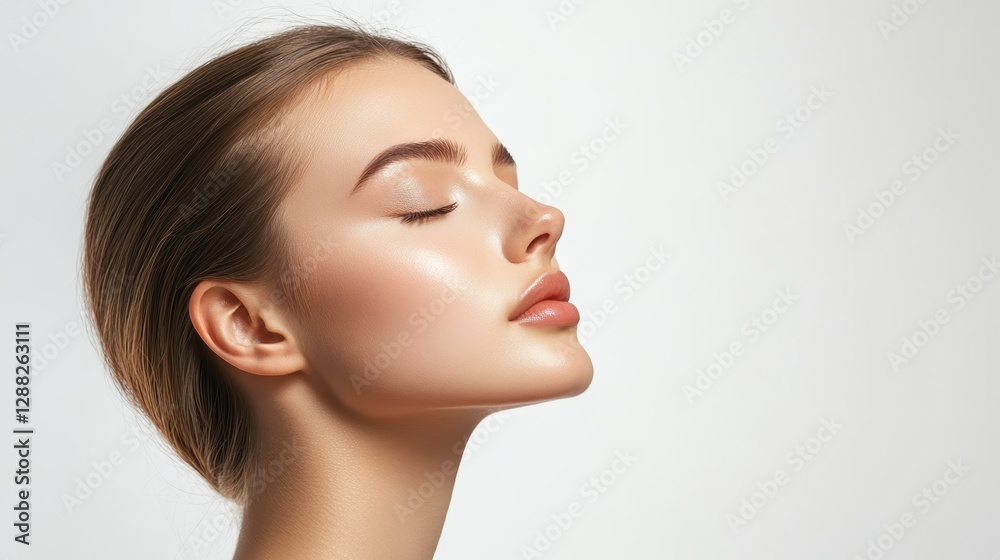 Radiant Beauty: Young Model with Flawless Skin Serene Expression in Profile on Soft White Background Radiant Beauty: Young Model with Flawless Skin Serene Expression in Profile on Soft White Background