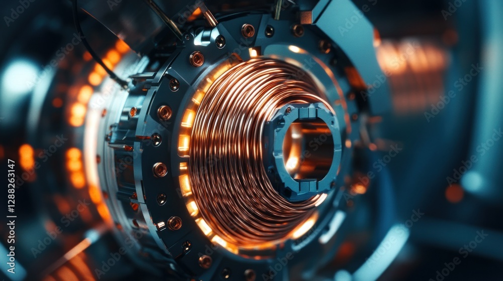 Close-up of a futuristic copper coil mechanism with glowing elements in a high-tech environment Close-up of a futuristic copper coil mechanism with glowing elements in a high-tech environment