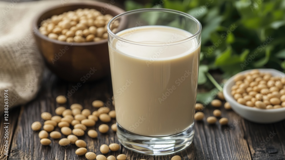 Refreshing glass of soy milk amidst soybeans and leafy greens on wooden surface Refreshing glass of soy milk amidst soybeans and leafy greens on wooden surface