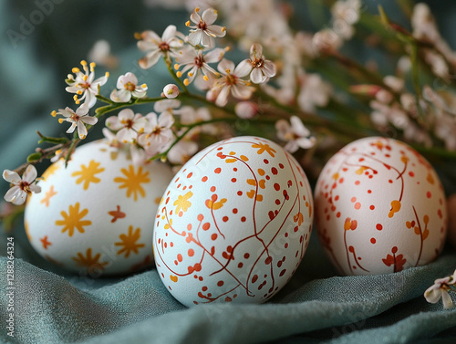 Decorated eggs and blossoms create a spring atmosphere photo