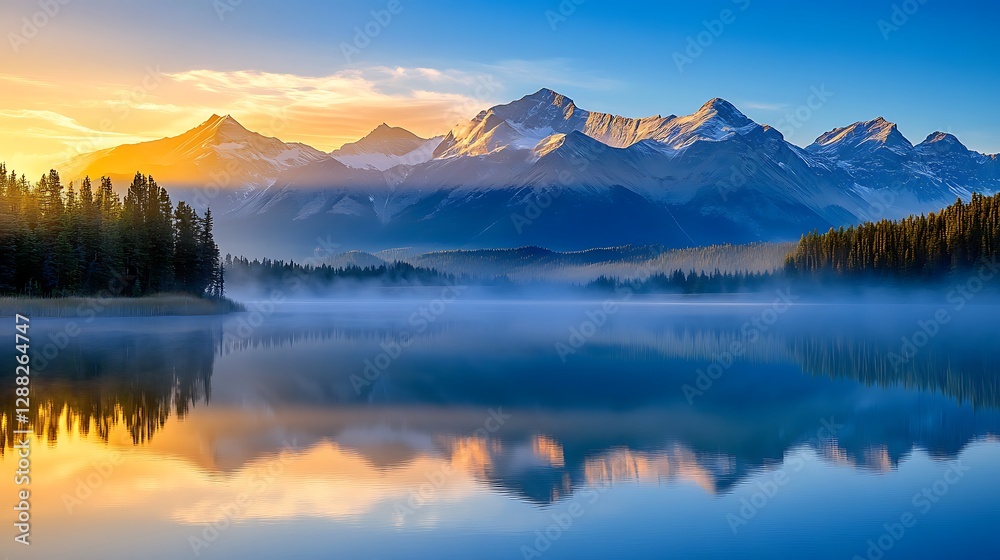 Serene mountain lake reflecting the morning sunrise with forest landscape Serene mountain lake reflecting the morning sunrise with forest landscape