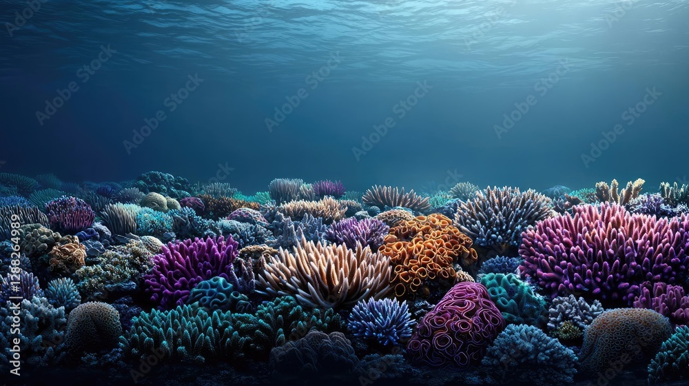 Naklejka premium Ocean acidification concept. Vibrant coral reef teeming with colorful marine life under clear blue water.