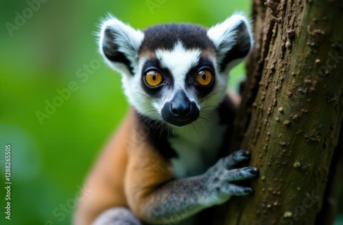 close-up portrait of a ring-tailed lemur staring directly into the camera against the blurred green foliage
