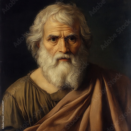 Portrait of an Elderly Philosopher with a White Beard and Thoughtful Expression in Classical Style Artwork
