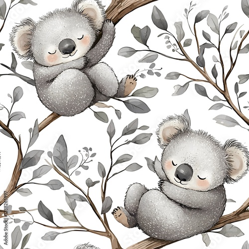 Adorable sleepy koalas seamless texture pattern for cozy bedtime and nursery design projects photo