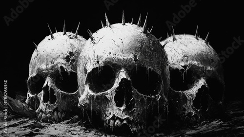 A striking black-and-white illustration: an icy skull with pointed spikes faces left, adorned by cascading icicles, exuding a chilling yet captivating aura photo