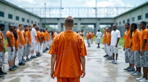 A group of men in orange prison uniforms standing in a line