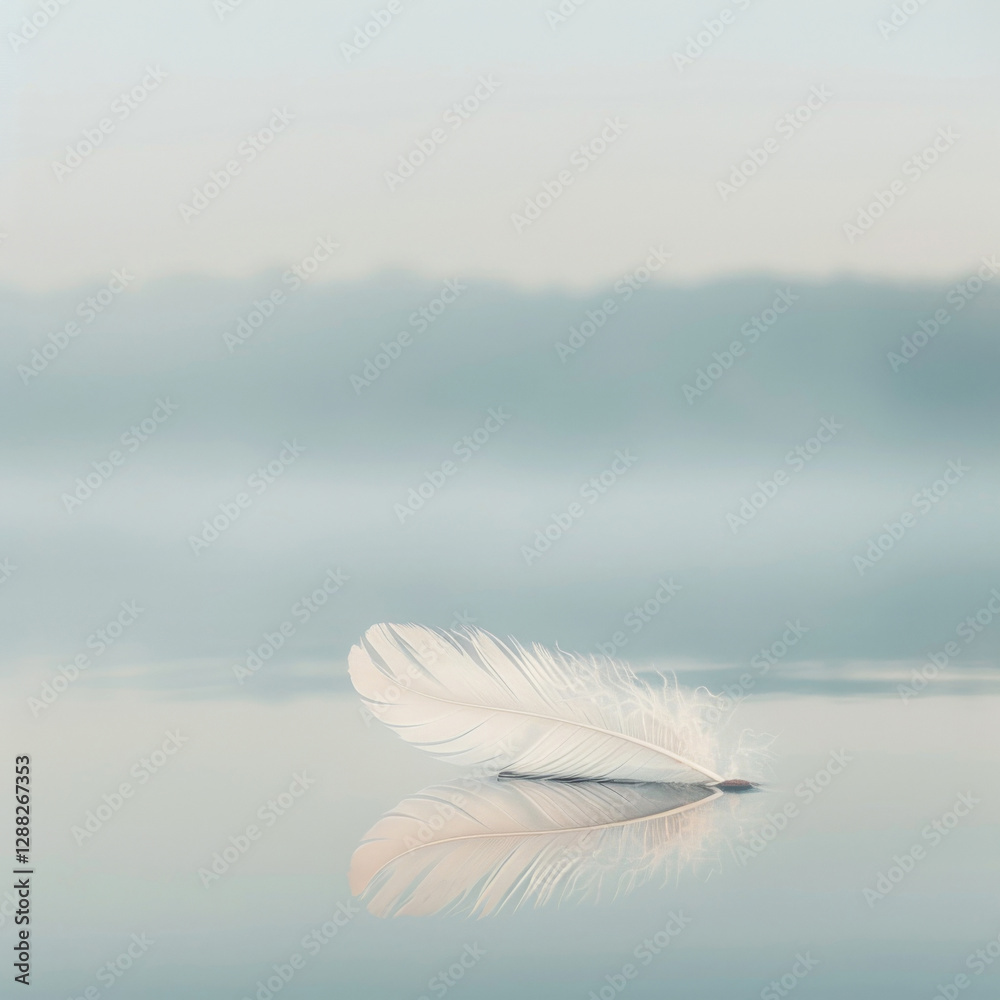 White Feather on Calm Water with Ripples on lake surface. Peaceful Nature Reflection White Feather on Calm Water with Ripples on lake surface. Peaceful Nature Reflection