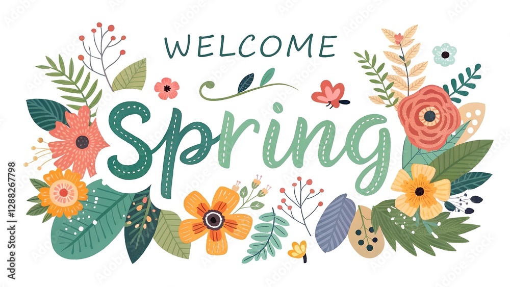 Obraz premium Welcome Spring Floral Illustration – Perfect for Greeting Card, Social Media, Digital Wallpaper, Seasonal Banner, and Invitation Design