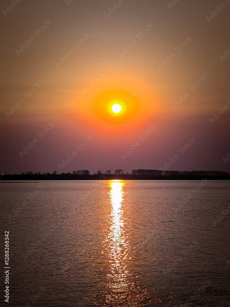 Naklejka premium The sun sets on the horizon, casting a golden and orange glow over a calm river. silhouetted trees line the riverbank, enhancing the tranquil and serene atmosphere. the reflection of the sun creates a