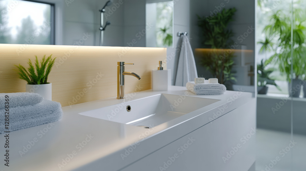 Modern bathroom sink with sleek design, plants, and soft towels. serene atmosphere is enhanced by natural light and minimalist decor Modern bathroom sink with sleek design, plants, and soft towels. serene atmosphere is enhanced by natural light and minimalist decor