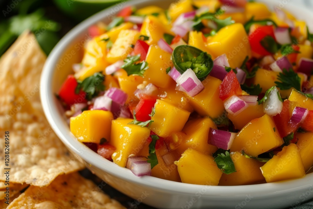 Vibrant mango salsa in white bowl with chips. Neural network AI generated Vibrant mango salsa in white bowl with chips. Neural network AI generated