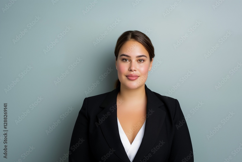 Plus-size woman in business suit standing on gray background Plus-size woman in business suit standing on gray background