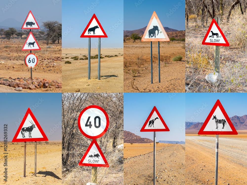 Collection set of wildlife roadsigns, photo collage of fun anima road signs in Namibia, Africa