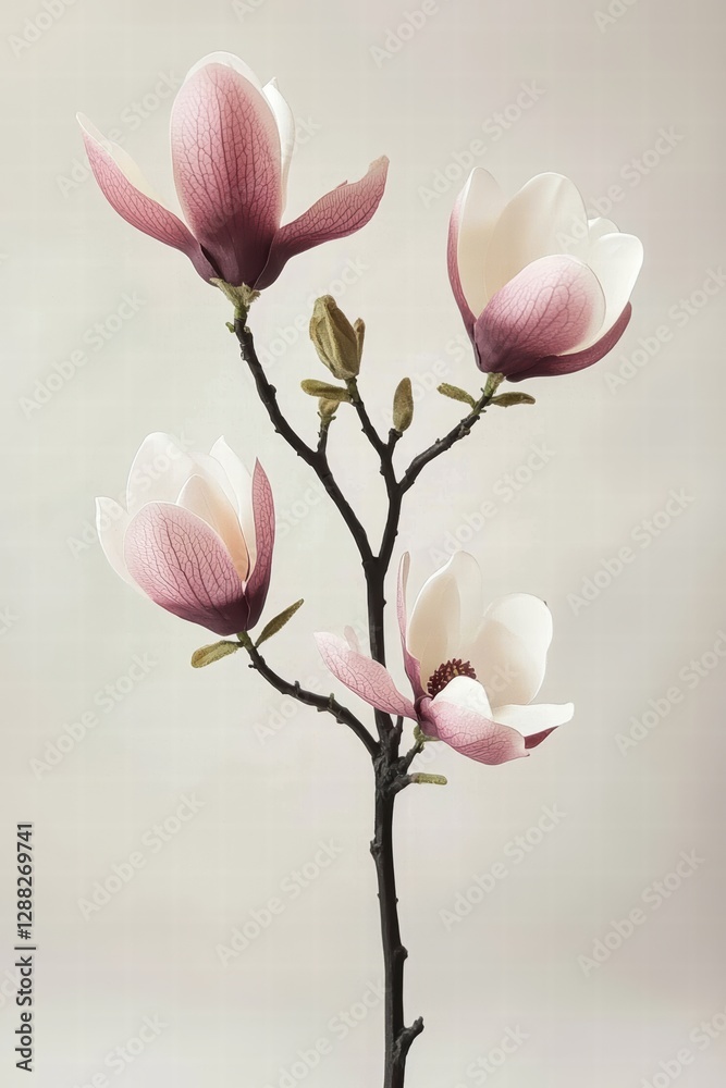 Obraz premium A beautifully arranged branch of pink magnolias showcases delicate petals and vibrant colors against a soft background.