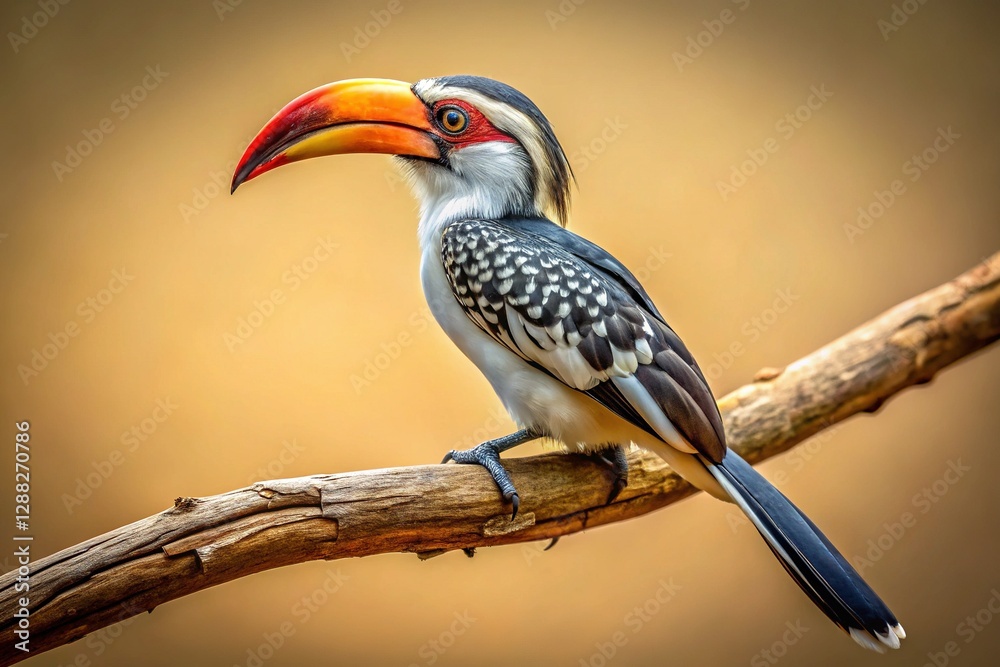 Obraz premium Hornbill Bird on Branch, Beige Background - Wildlife Stock Photo