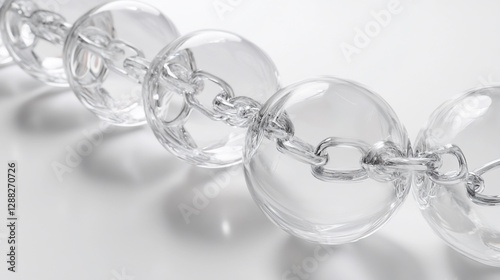 Glass spheres linked by chain, white background, decorative, interior design