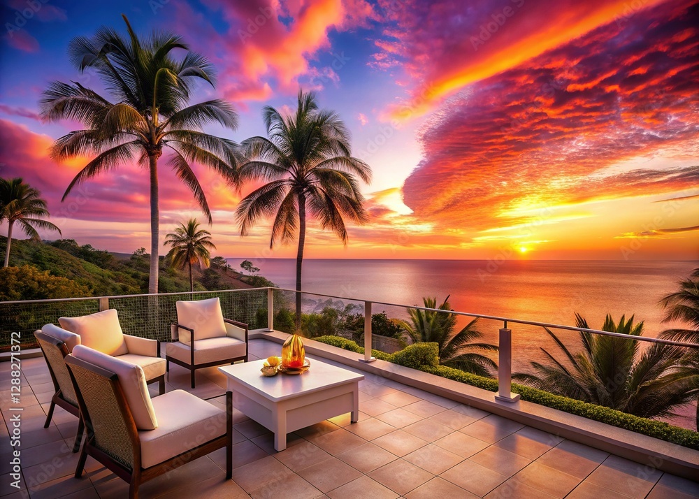 Fototapeta premium Luxurious Sunset Ocean View from Villa Terrace - Tropical Paradise Escape