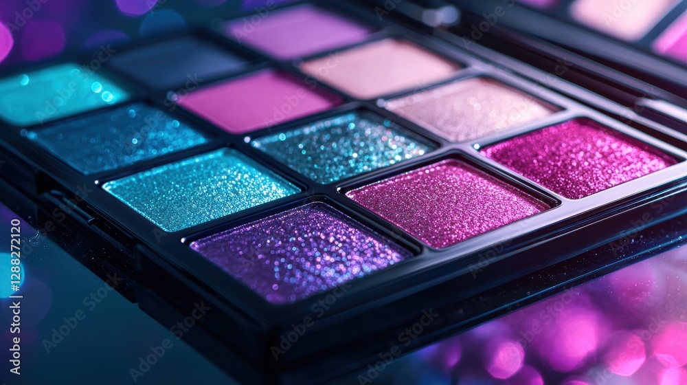 A vibrant eyeshadow palette featuring sparkling hues of pink, blue, and purple, perfect for any makeup artist's collection. A vibrant eyeshadow palette featuring sparkling hues of pink, blue, and purple, perfect for any makeup artist's collection.