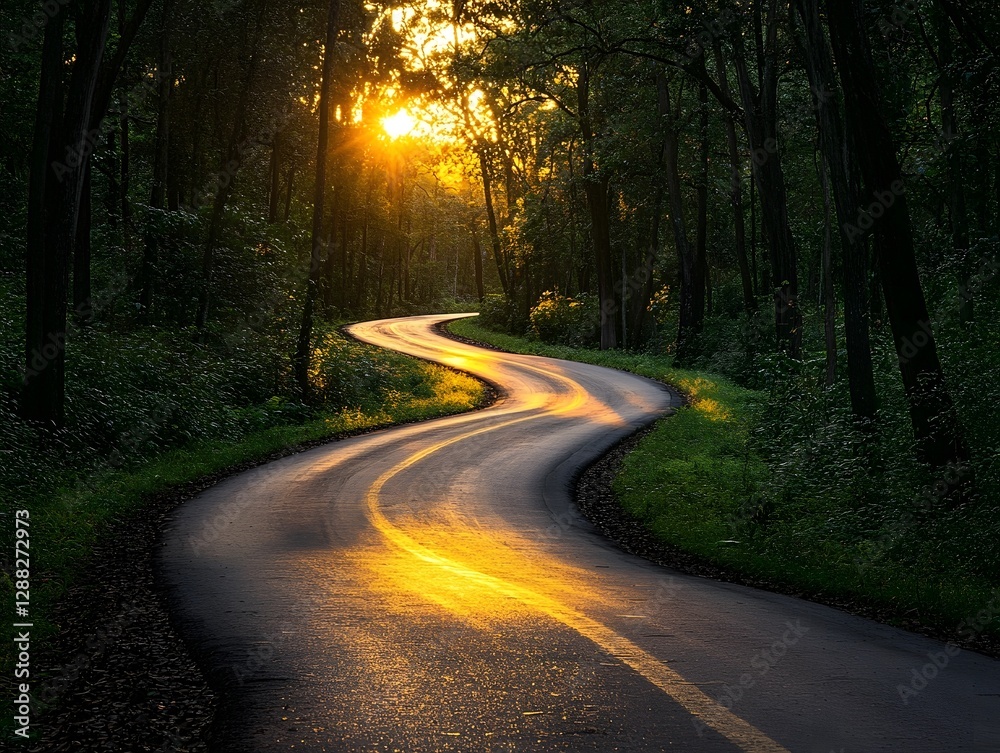 Obraz premium Lonely Road in the Green Forest Nature Serene Landscape