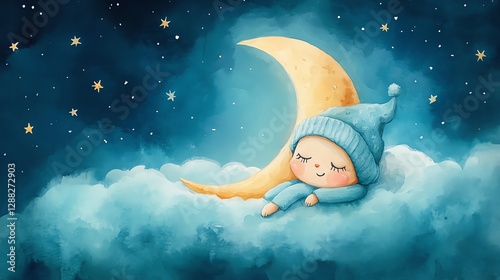 Baby Sleeping on Moon Illustration in Sky with Stars Watercolor Style