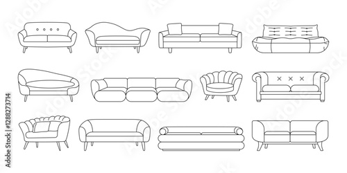 Sofa line icons. Modern outline couch pictograms, vintage contemporary living room furniture with cushions, cozy minimalistic stroke style. Vector divan set