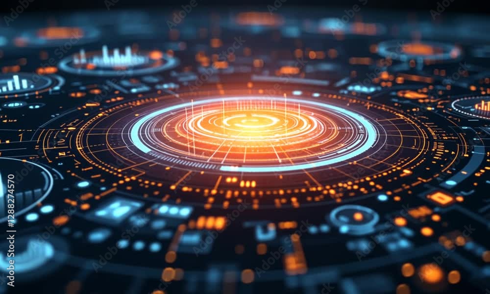 Futuristic data visualization, glowing circular interface, digital analytics, technology background, website header