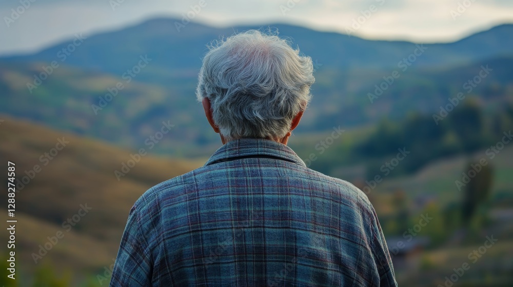 Rear View of Senior Person in Scenic Landscape Rear View of Senior Person in Scenic Landscape