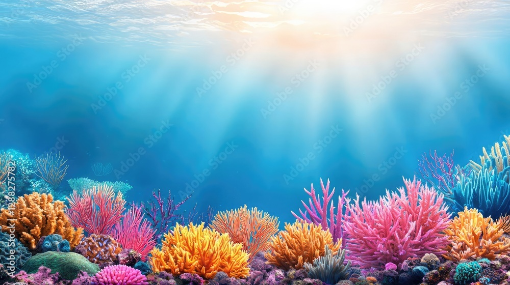 Obraz premium Ocean acidification idea. Vibrant coral reef underwater with colorful corals and sunlight through water surface.