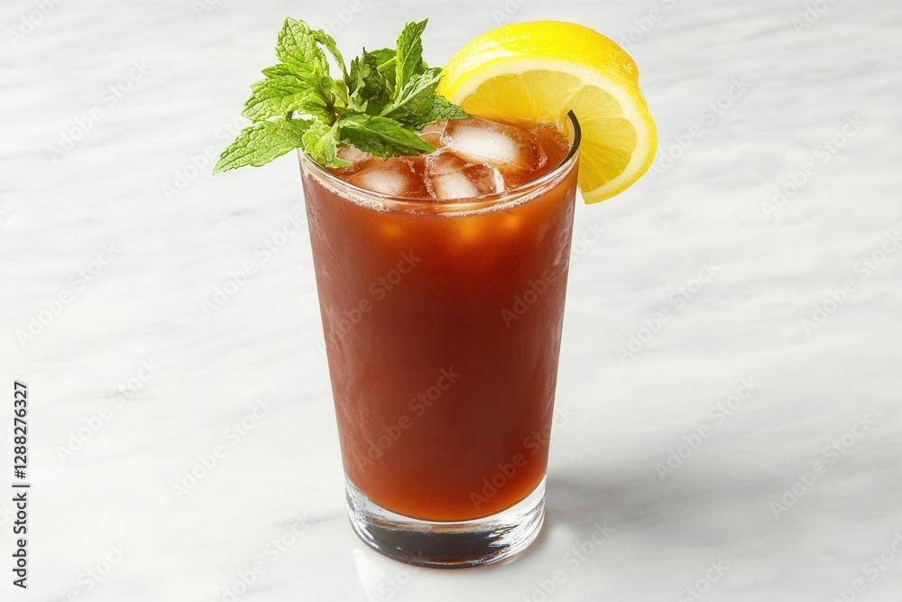 Obraz premium Iced Coffee Drink With Lemon And Mint Garnish On Marble Background