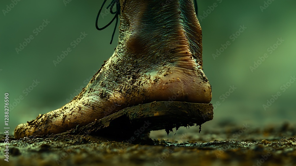 Naklejka premium Muddy Foot in Boot, Walking Through Field, Ominous Background