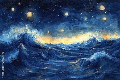 Ocean Waves at Night Artwork with Starry Sky and Moon