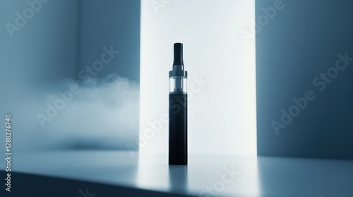 A vaping device on a clean white table with soft lighting. Featuring modern design and smooth vapor