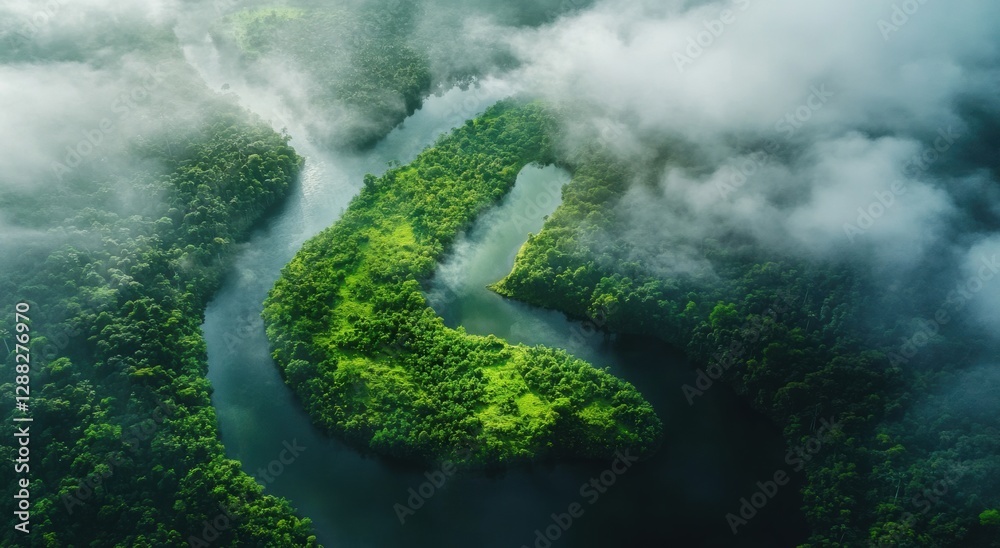 Lush green island surrounded by winding river in misty landscape Lush green island surrounded by winding river in misty landscape