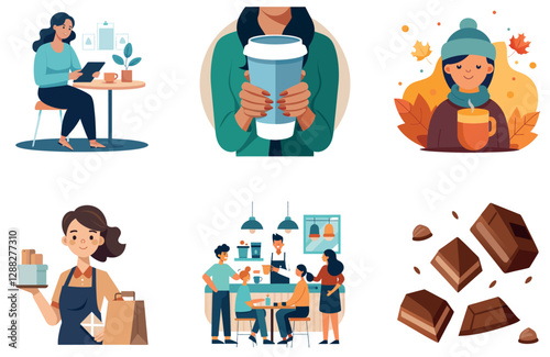 Happy Colleagues Enjoy a Coffee Bundle Break Collection Stickers