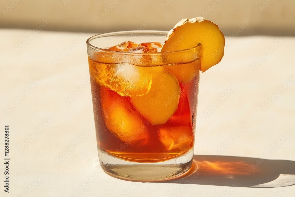 Iced Ginger Drink In Glass Under Sunlight