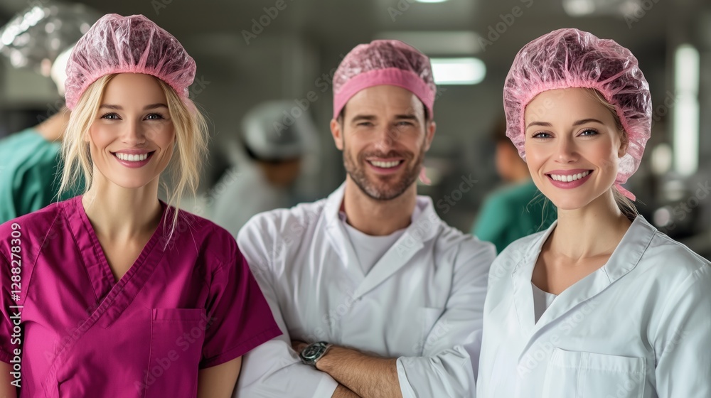 Three healthcare workers smile warmly in a clinical setting, dressed in scrubs and surgical caps while surrounded by colleagues in the background, showcasing teamwork and professionalism Three healthcare workers smile warmly in a clinical setting, dressed in scrubs and surgical caps while surrounded by colleagues in the background, showcasing teamwork and professionalism
