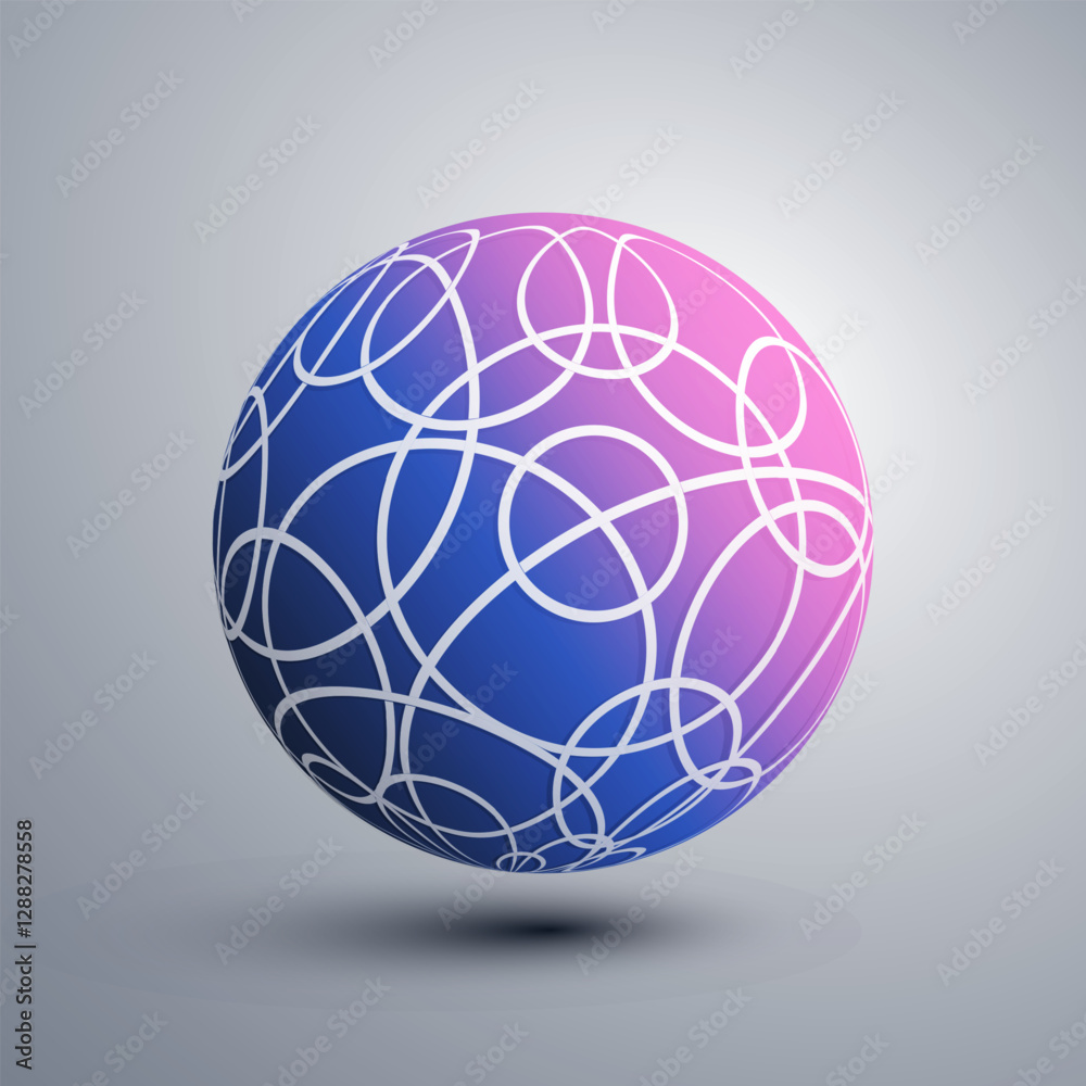 Abstract glowing sphere of tangled curvy, circular white lines on a grey background. The intricate pattern creates depth and complexity, resembling a celestial web or a delicate network of light.