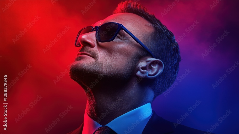 Fototapeta premium man stands confidently with his head held high, wearing sunglasses and a suit. Bold red and blue lighting creates a dramatic atmosphere highlighting his features