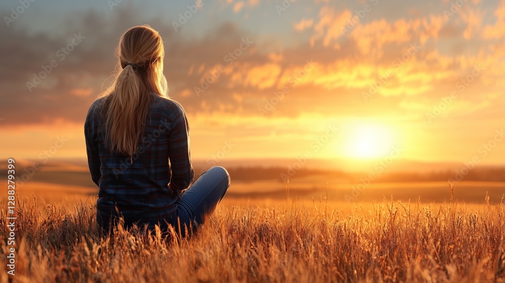 woman sits quietly on a grassy field, gazing at a stunning sunset filled with vibrant oranges and yellows. tranquil scene captures the beauty of nature and the serenity of the evening woman sits quietly on a grassy field, gazing at a stunning sunset filled with vibrant oranges and yellows. tranquil scene captures the beauty of nature and the serenity of the evening