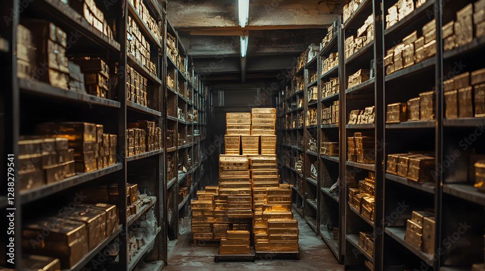Fototapeta premium An industrial-style vault with shelves overflowing with gold bars and banknotes.